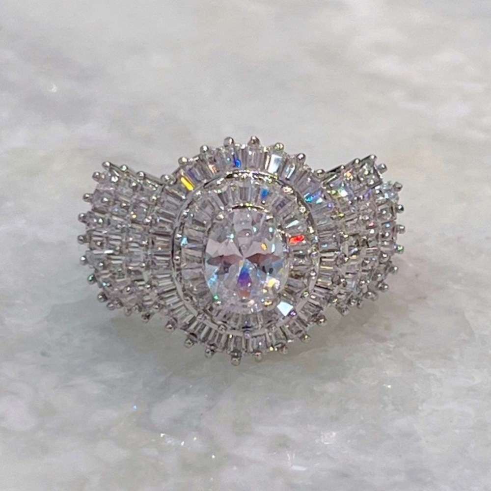 Diamond (Sim) Silver Statement Ring Sz 8